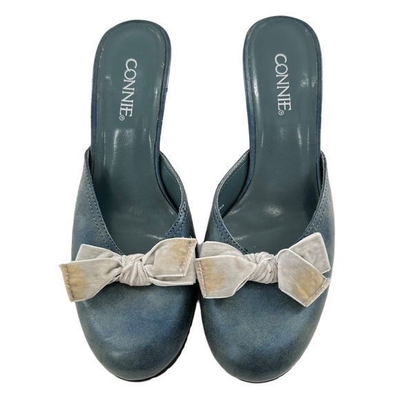 Connie heels size 6 metallic blue faux leather box slip on mule wedges 90s Y2k - Picture 13 of 13